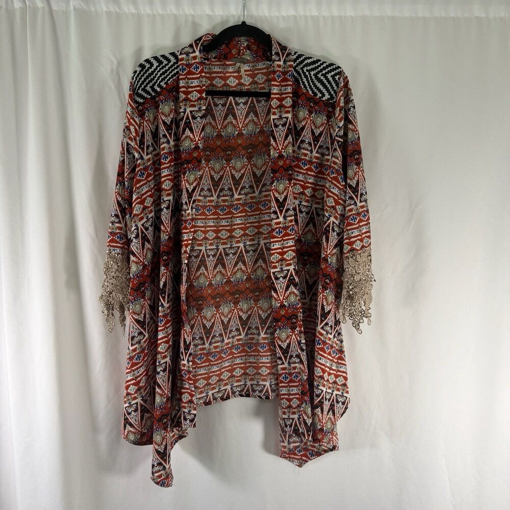 BKE Gimicks Boho Cardigan Women's Medium Brown 1/2 Sleeve Open Front Crochet
